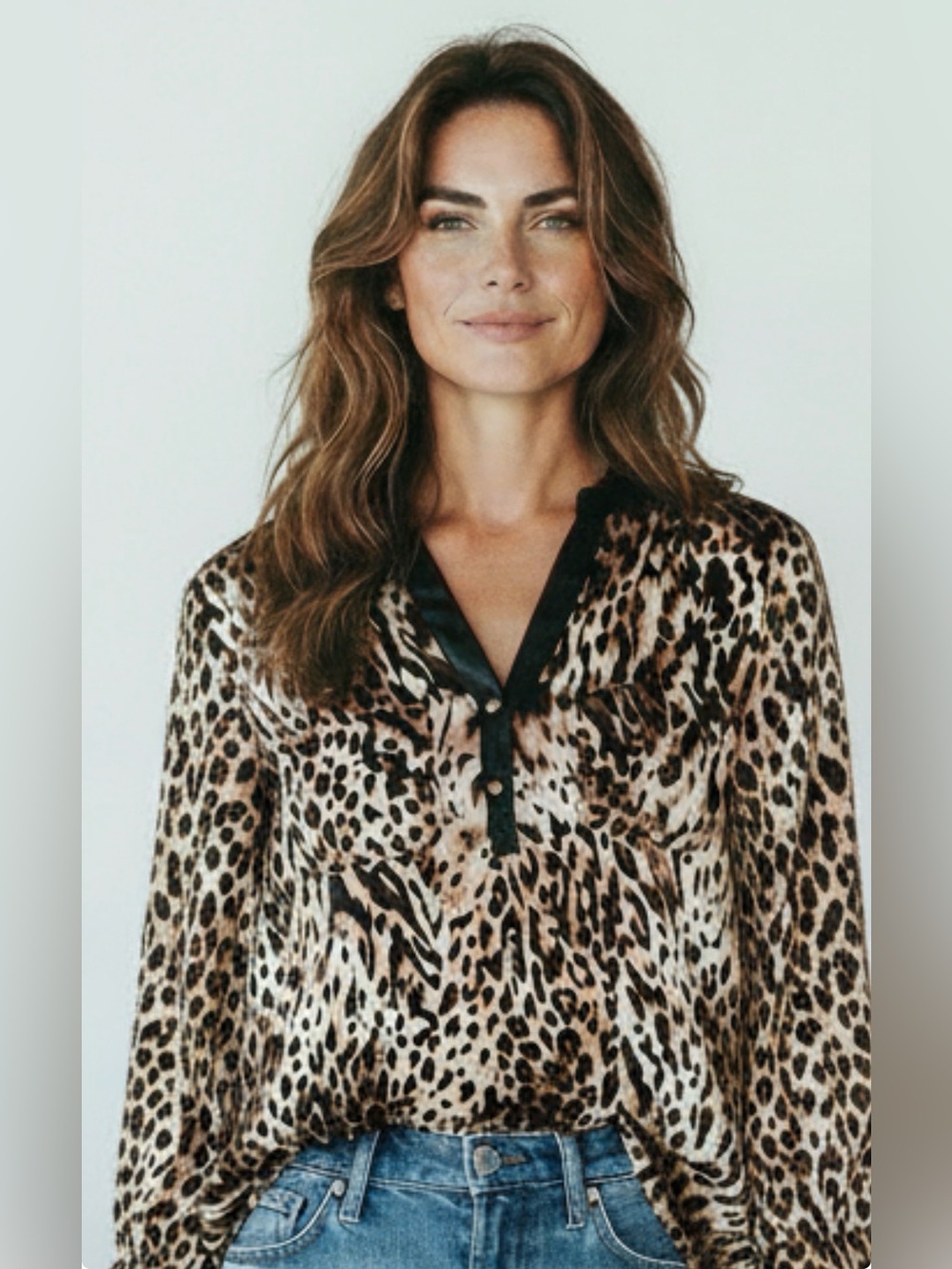 NY Collection Women’s PS Animal Print Sheer Popover Blouse Mobwife Roll Tab